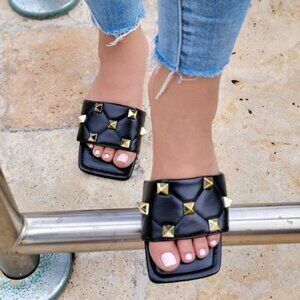 Women’s Black Rockstud Quilted Slip On Flat Sandals Comfortable